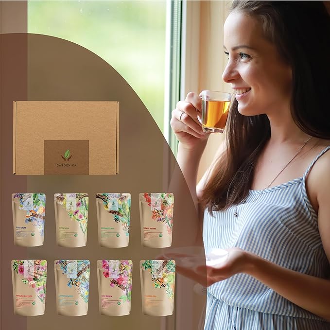 Gardenika Organic Loose Leaf Tea Sampler – 8 Pack, 1 LB – Herbal and Naturally Caffeine-Free Set - Ayurvedic Assortment Blend - Bloomnest