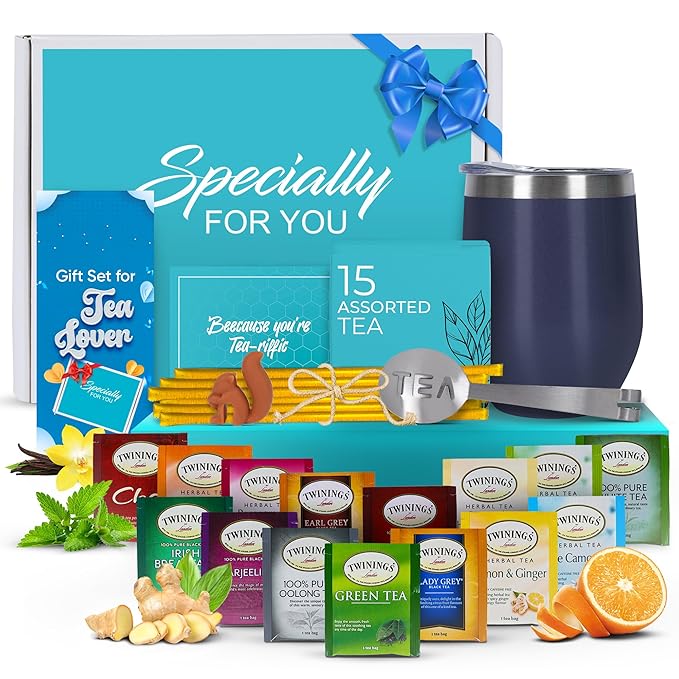 Tea Gift Set for Women and Men – Elegant Tea Sets for Women Gift with 15 Unique Teas, Stainless Steel Tumbler & 10 Honey Straws in Premium Box (Blue) - Bloomnest