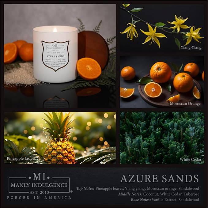 Manly Indulgence Azure Sands Scented Candles for Men, 15 oz Wooden Wick, Premium Soy Blend Wax, 60H Burn, Candles for Home Scented - Made in The USA - Bloomnest