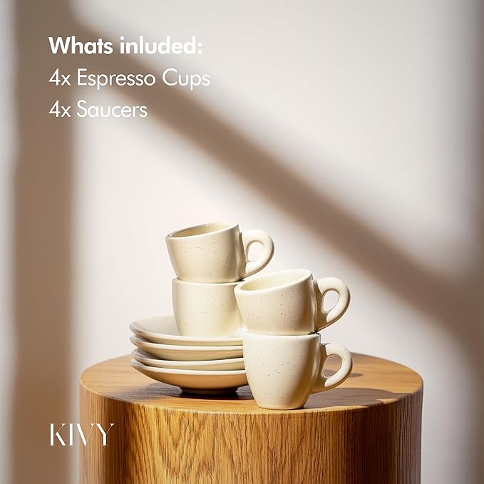 KIVY 3 oz Espresso cups set of 4 - Thick walled stoneware espresso cup set - Italian style espresso cups and saucers - Demitasse cups set of 4 - Coffee mugs - Demitasse cups and saucers sets - Bloomnest