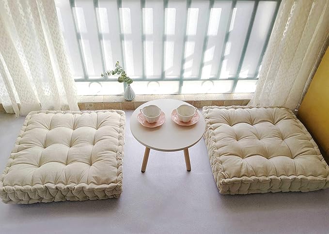 Verpert Floor Pillow 25x25 Inch,Square Meditation Cushion Floor Seating for Adults,Oversized Tufted seat Cushion Reading Nook for Kids, Yoga Meditation Pillow for Sitting on Floor, (Beige)