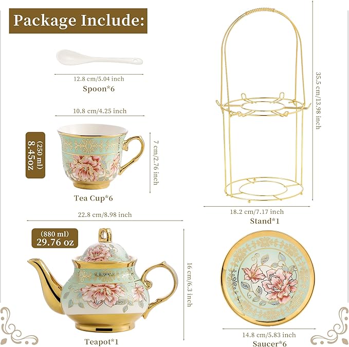 20 Pieces Porcelain Tea Set With Metal Holder, European Ceramic tea set for adults,Flower Tea Set,Tea Set For Women With Flower Painting（Light Green） - Bloomnest