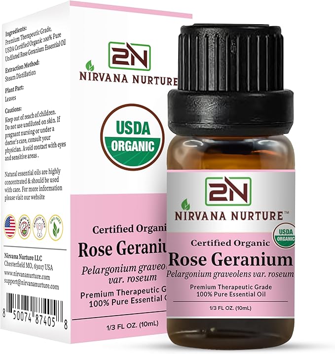 Rose Geranium Essential Oil, USDA Certified Organic, 100% Pure Undiluted, Aromatherapy Oil for Diffuser, Hair & Skin Care NirvanaNurture
