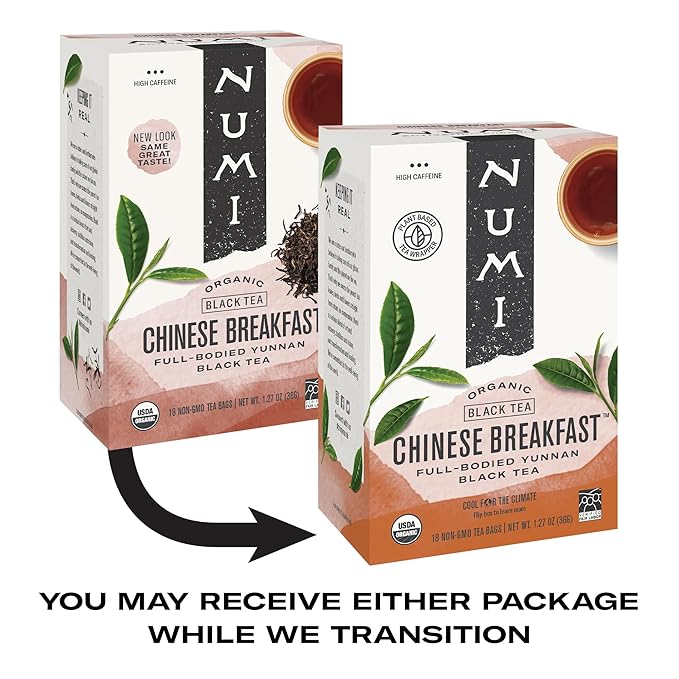 Numi Organic Chinese Breakfast Tea, 18 Tea Bags, Full Bodied Yunnan Black Tea, Caffeinated (Packaging May Vary) - Bloomnest