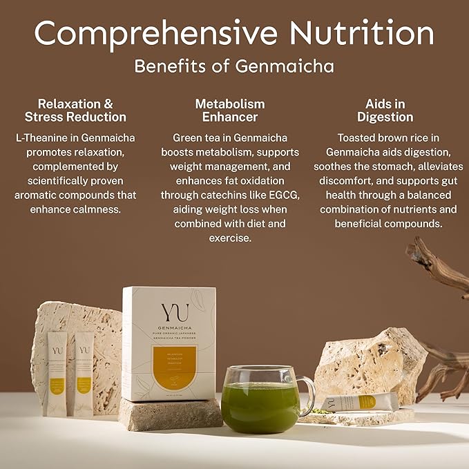 Yu Tea Organic Genmaicha Green Tea Powder, 30 Instant Packets | Japanese Green Tea & Roasted Brown Rice | Low Caffeine & Unsweetened | Relaxation, Antioxidants & Digestion | Single Serve Sticks - Bloomnest