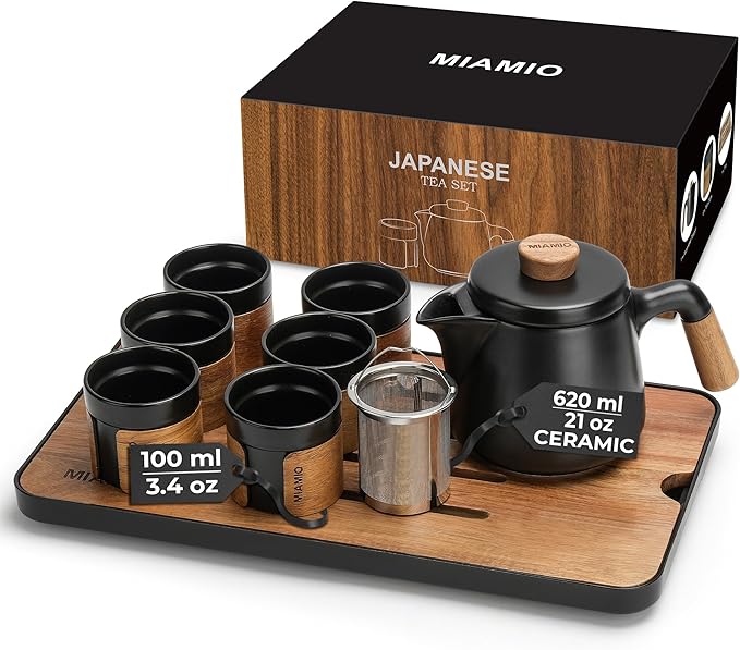 MIAMIO - Japanese/Chinese Tea Set 6 x 3.4 oz/Asian Tea Pot 21 oz with Tea Infuser, Traditional Japanese Tea Cups Set for Tea Lovers/Men/Women (Black) - Bloomnest