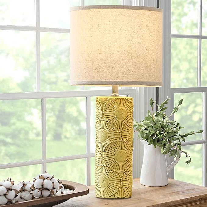 25.25" Ceramic Lamps Set of 2 for Living Room, Bedroom, Yellow Flower Table Lamps Set of 2 for Buffet, Ceramic Bedroom Lamp for Nightstand, Farmhouse Lamp for Console Table, Credenza - Bloomnest