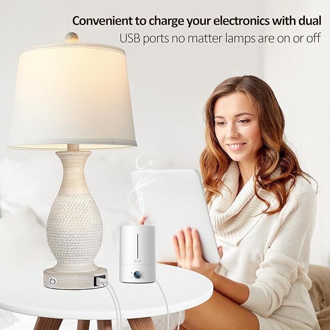 PARTPHONER Set of 2 Table Lamps with USB C+A Fast Charging Ports, 26" Tall Farmhouse Living Room Lamp with 3-Way Dimmable Nightstand Lamp White Fabric Shade for Living Room Bedroom Home Office - Bloomnest
