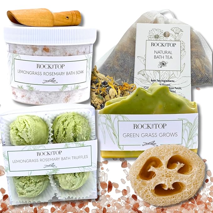 | 6 Lemongrass Rosemary Self Care Gifts for Women, Aromatherapy Epsom Salt Bath Soak, Lavender Soap, Bath Bombs, Bath Salts with Plant Based Loofa Dry Brushing Body Brush Gift - Bloomnest