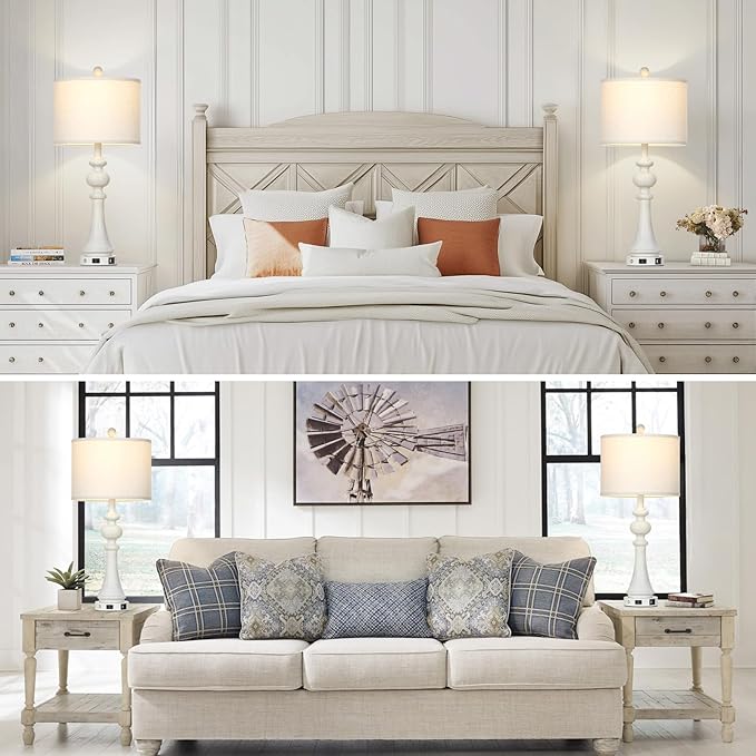 28" Farmhouse Lamps Set of 2, Vintage 3-Way Dimmable Touch Control Table Lamps with USB A+C Fast Ports & AC Outlets, Rustic Traditional Classic Bedside Nightstand Lamps for Living Room Bedroom White - Bloomnest