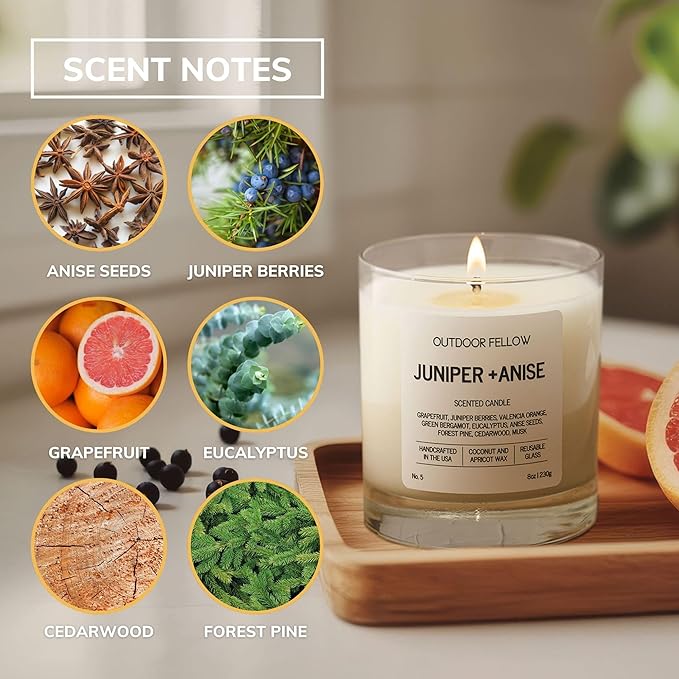 Outdoor Fellow Juniper + Anise Scented Candle, 8oz, Coconut & Apricot Wax Blend, Juniper Berry, Zesty Grapefruit, Citrus Peel, Reusable Glass, 40-50 Hour Burn Time - Bloomnest