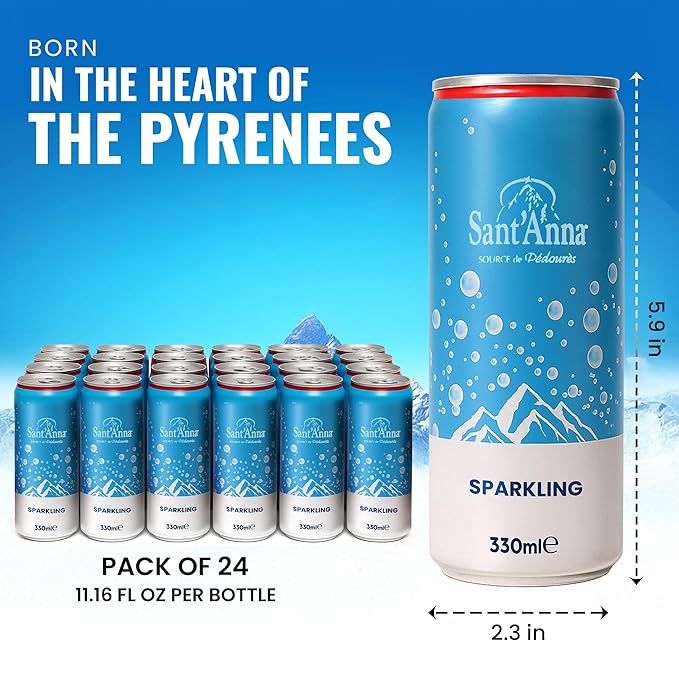 Sant'Anna Sparkling Natural Mineral Water, 11.16 Fl Oz (24-Pack) | Pure French Pyrenees Mountain-Fresh Drinking Water | Natural Functional Drink | Sodium-Free Mineral in Cans - Bloomnest