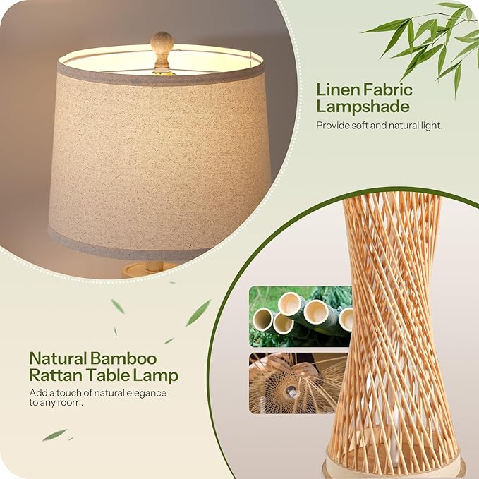 24.4”Farmhouse Rattan Table Lamps Set of 2, Touch Bedside Lamps for Bedroom with Dimmable Night Light, USB A+C Ports, Bamboo Boho Nightstand Lamp with Cream Linen Shade, C04TL05 - Bloomnest