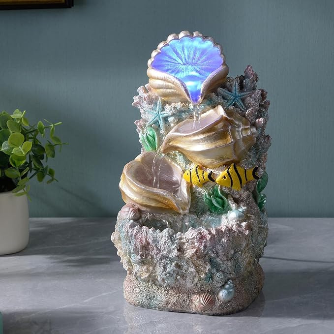 GOSSI Themed Coral Shell Fountain Tabletop Home Décor Indoor Desktop Fountains Perfect for Zen Waterfall Meditation Waterfall Decor Fountain with LED Lights(23037) - Bloomnest