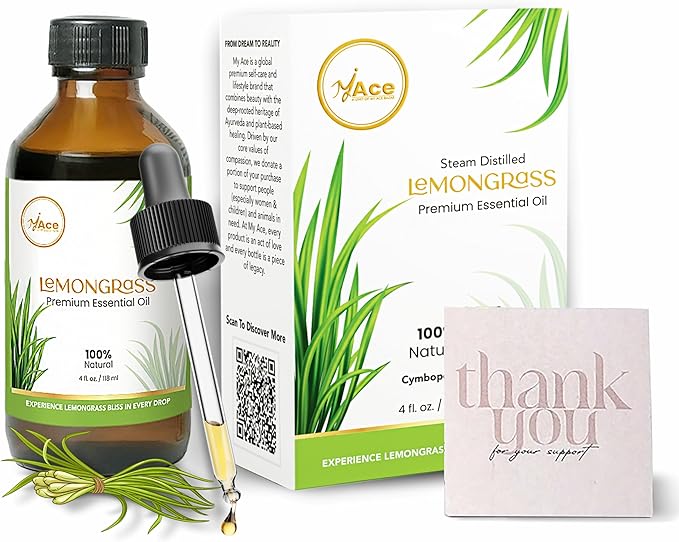 My Ace Lemongrass Essential Oil – 100% Pure & Natural, Steam Distilled, Therapeutic Grade for Diffusers, Aromatherapy, Soap & Candle Making, Non-GMO, Vegan – 4 fl oz MyAce