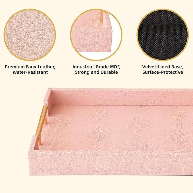 Modern Elegant Pink Faux Shagreen Leather Tray, Set of 2 Rectangle Serving Trays with Gold Polished Metal Handles, Ottoman Tray Coffee Table Perfume Kitchen Trays Home Decor - Bloomnest