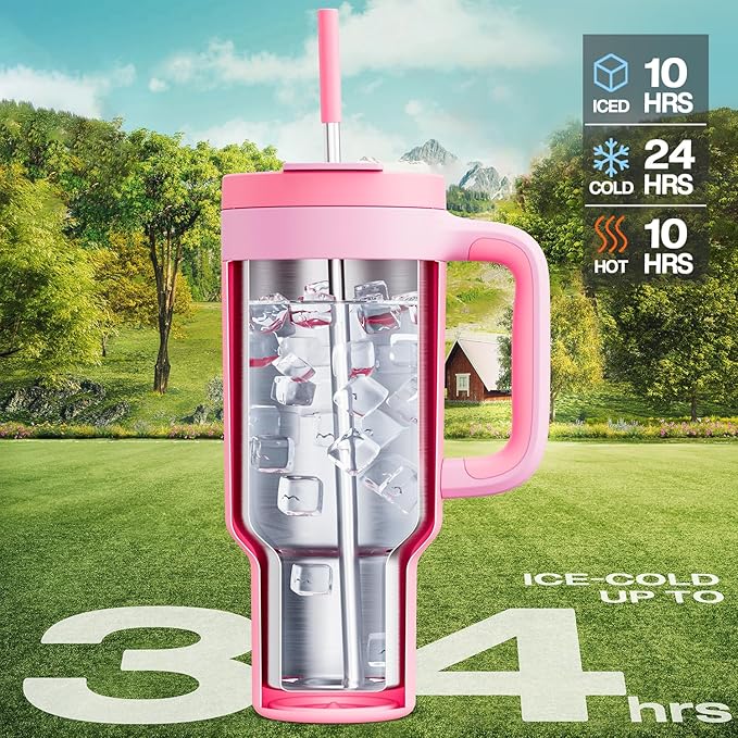 POWCAN 40 oz Tumbler with Handle, 2-in-1 Straw and Sip Lid, Leakproof, Dishwasher Safe, Insulated Stainless Steel Travel Coffee Mug, Keeps Cold for 34 Hours, Fits in Car Cup Holder (Coral) - Bloomnest
