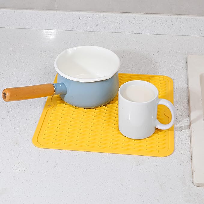 Silicone Dish Drying Mat for Multiple Usage,Easy clean,Eco-friendly,Heat-resistant Silicone Mat for Kitchen Counter or Sink,Refrigerator or Drawer liner Yellow M 12 inches x 12 inches - Bloomnest