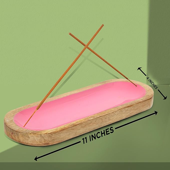 Hand Painted Pink Incense Holder-Incense Burner/Ash Catcher/Handmade Wooden Insence Tray – Modern Gift Home/Room/Kitchen Décor Size 11x4x1.2 Inches - Bloomnest
