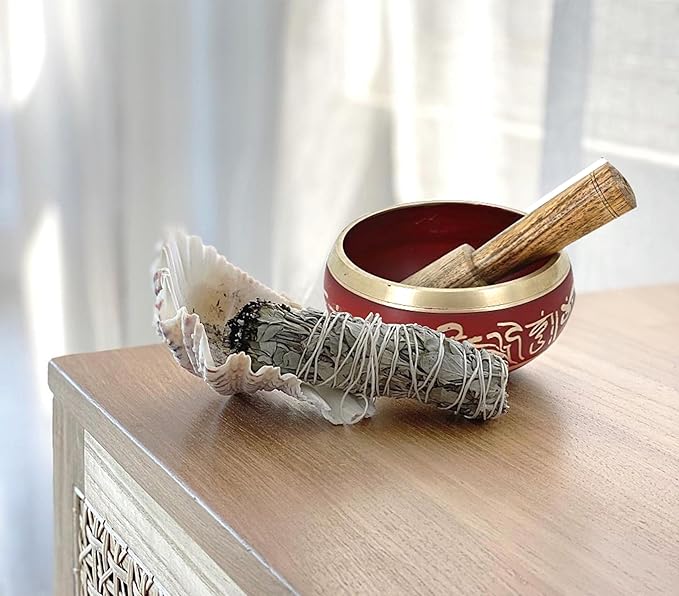 Ajuny Tibetan Singing Bowl Set Handmade Brass Sound Bowl for Meditation Yoga Chakra Healing Stress Relief Spiritual Mindfulness Authentic Unique Spiritual Gifts for Men & Women (Red) AJUNY