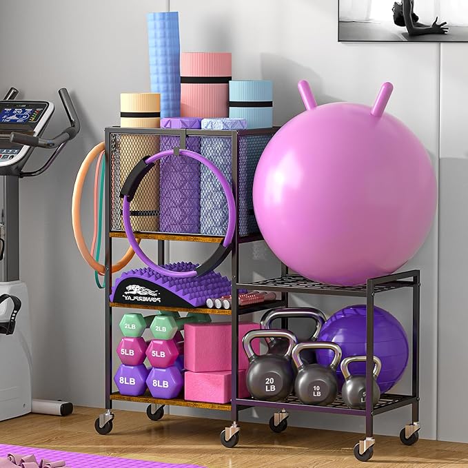 5 Tier Dumbbell Rack, Yoga Mat Storage Holder, Home Gym Storage Rack, Workout Equipment Storage Organizer, Weight Storage Holder Rack with Hooks and Wheels - Bloomnest