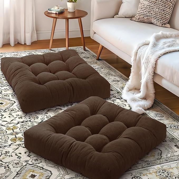 Floor Cushions for Adults Floor Pillows for Sitting Large Square Tufted Meditation Pillows Memory Foam 2 Pcs, 22" x 22", Dark Brown - Bloomnest