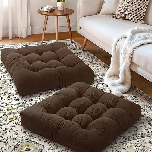 Floor Cushions for Adults Floor Pillows for Sitting Large Square Tufted Meditation Pillows Memory Foam 2 Pcs, 22" x 22", Dark Brown - Bloomnest