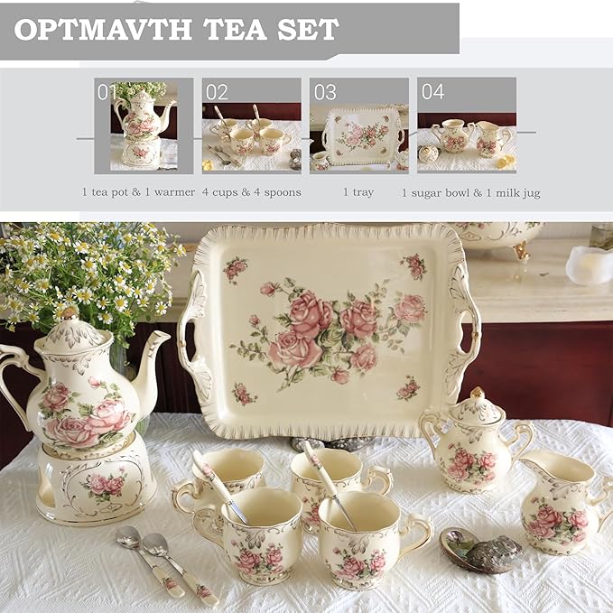 Ceramic Tea Set, 4 Cups and Spoons, One Sugar Bowl, One Milk Kettle, One Storage and Removeable Tray, Pink Rose - Bloomnest