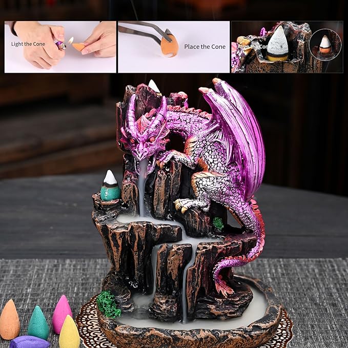 Dragon Backflow 2 Sided Mountain Waterfall Incense Burner,Fountain Smoke Incense Holder with Backflow Incense Cones, Tweezers, Mat，Resin Aromatherapy Meditationvaiuk (Purple) - Bloomnest