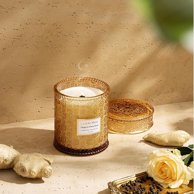 LA JOLIE MUSE Ginger & White Musk Candle | Ginger, Lemongrass & Musk | 19 oz Wooden Wick | Natural Soy Wax | 90 Hours Clean Burn | Gift-Ready for Hosts & Gathering| Seasonal Home Décor - Bloomnest