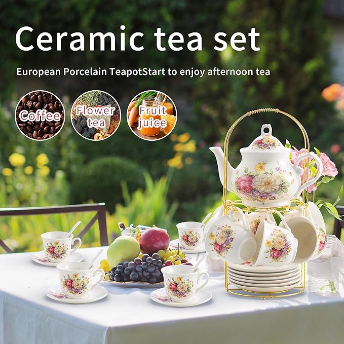 20-Pieces Porcelain Tea Sets For Women, Tea Set For Adult with Golden Metal Rack,Tea Gift Sets for Home&Party(012) - Bloomnest