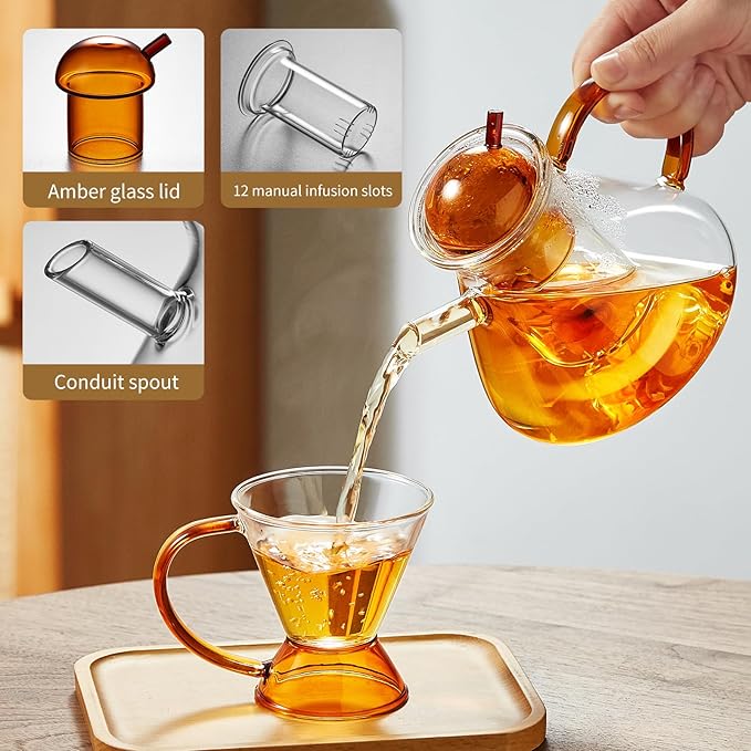 French Style Glass Teapot Set with 2 Glass Cups - Amber Borosilicate Teapot with Glass Filter, 12 Filter Gaps, Transparent Design - Bloomnest