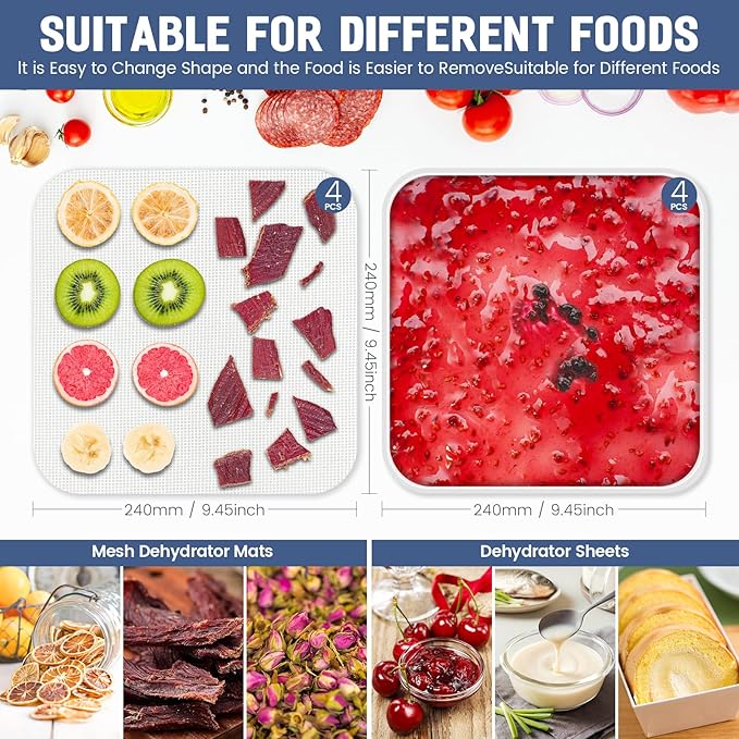 4 Pcs Silicone Food Dehydrator-Trays with Edge, 4 Pcs Mesh Dehydrator Mats,Reusable Non Stick Silicone Dehydrator Sheets (9.45x 9.45in) for Liquids,Fruit Leather,Herbs,Meat and Yogurt - Bloomnest