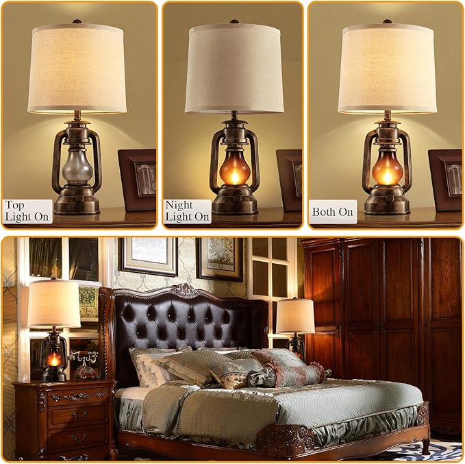 RORIANO Farmhouse Lantern Table Lamps for Living Room Set of 2, Vintage Bedroom Resin Lamp with Dual USB Charging Ports, Rustic Retro Bedside Nightstand Desk Lamp, 4 Bulb Included - Bloomnest