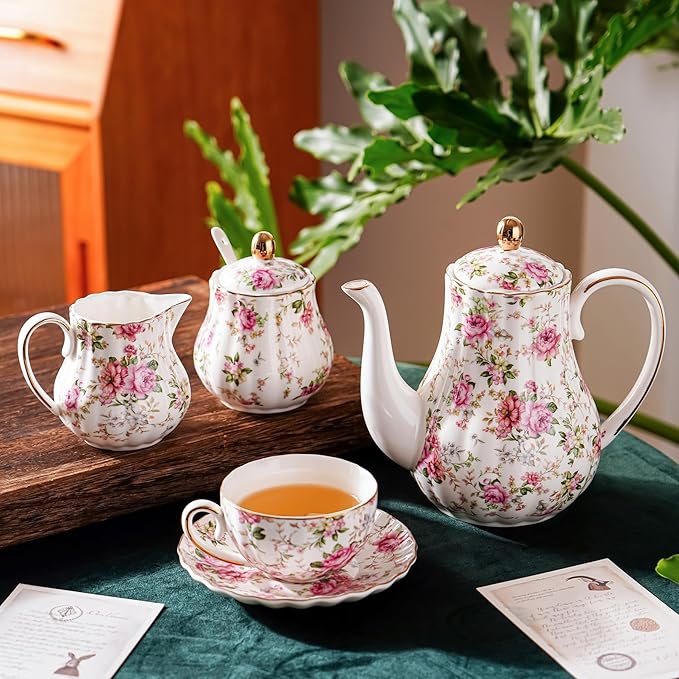 Tea Pot, Porcelain Teapot 37oz,tea pots for tea party,Tea Infuser Pots for Blooming loose Leaf Tea (White with flower)