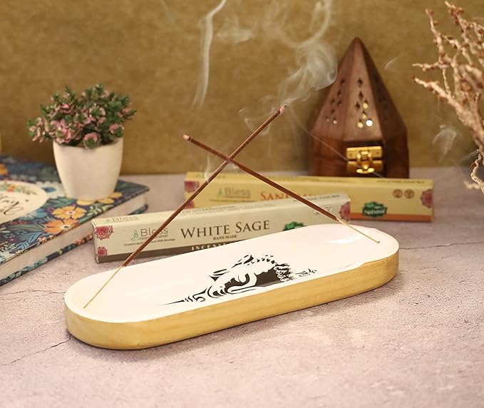 Bless-International Traditional-Handmade-Tray-Burner Wooden-Trat-Incense-Stick-Holder Ash-Catcher-Stand for-Aromatherapy-Meditation-Yoga (Black & White Buddha, 11x4x1.22 Inches) - Bloomnest