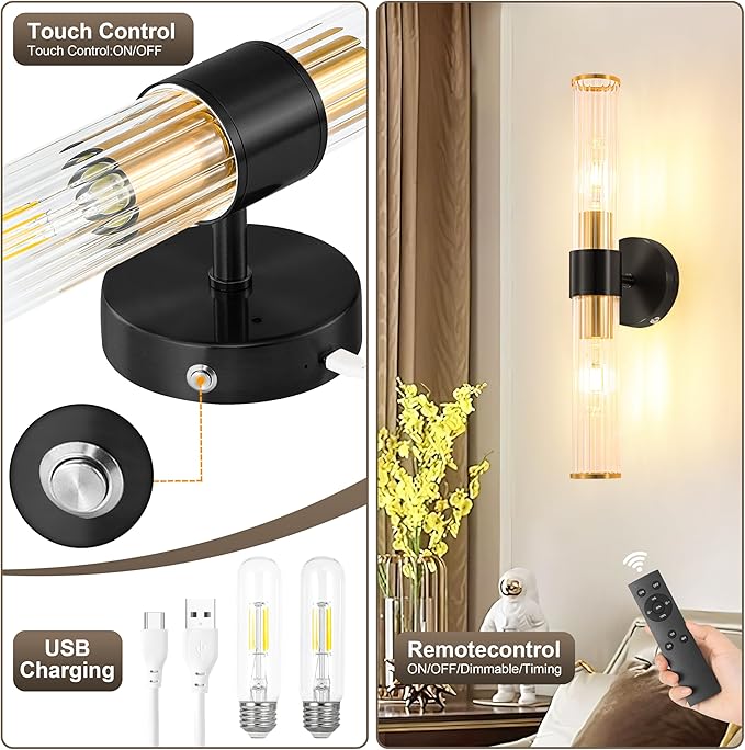 Black Gold Battery Operated Wall Sconces Set of 2, Rechargeable Wall Lights with Dimmable Remote Control, 20“ Modern Sconces Wall Decor, Wireless Wall Lamp for Bedroom, Living Room (Bulbs Included) - Bloomnest