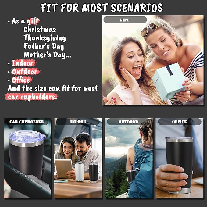 20 oz Tumbler with lid Double Wall Vacuum Insulated Tumblers Stainless Steel Coffee Mug Travel Coffee Tumbler Powder Coated Tumbler Cup Keep Hot&Cold - (Black 6 Pack)