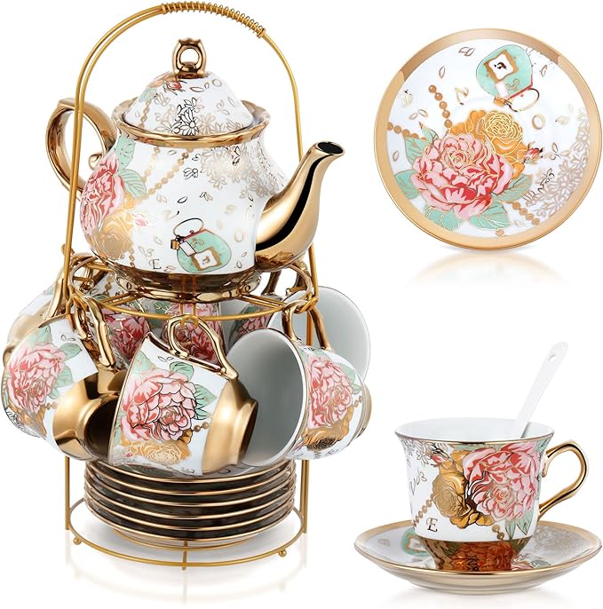 Zhehao 20 Pcs Porcelain Tea Set with Metal Holder and Spoon Adult Ceramic Tea Set European Flower Painting Teapot Cup Saucer Spoon for Women, Large Version(Bright Style) - Bloomnest