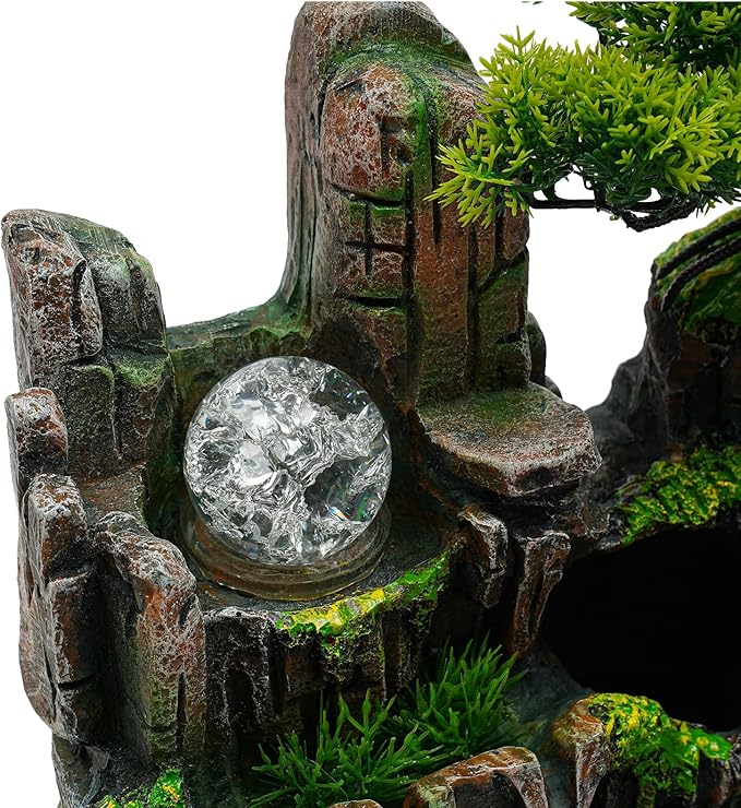 Indoor Water Fountain Desktop Waterfall Bonsai Tabletop Fountains with Color LED Light Atomizing Humidifier with Rockery Stream Plants for Home Office Bedroom (F) - Bloomnest