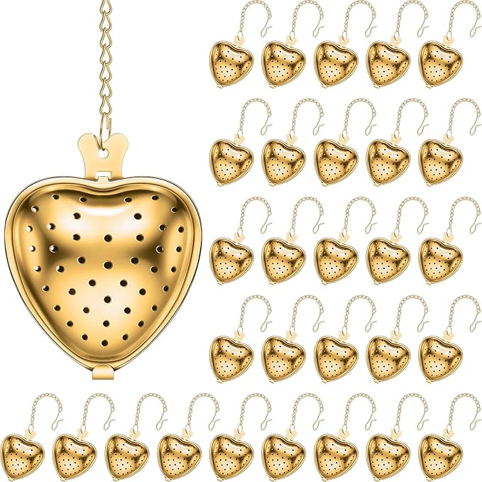 Sumind 50 Pcs Stainless Steel Tea Strainer Ball Infuser Loose Leaf Steeper Interval Diffuser Heart Shape Mesh Filters with Extended Chain Hook for tea party Seasonings Cup Bottle(Gold) - Bloomnest