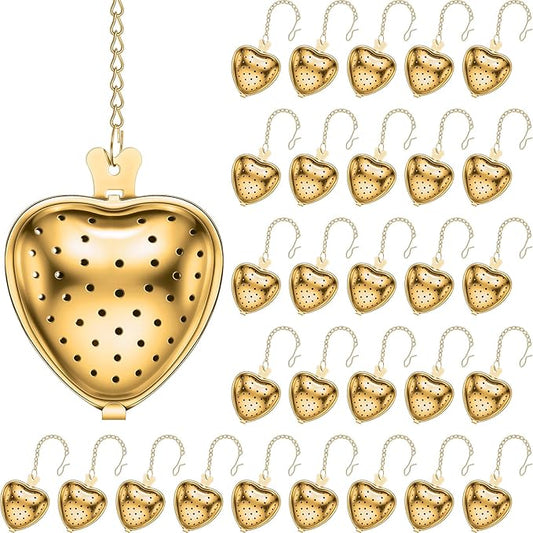 Sumind 50 Pcs Stainless Steel Tea Strainer Ball Infuser Loose Leaf Steeper Interval Diffuser Heart Shape Mesh Filters with Extended Chain Hook for tea party Seasonings Cup Bottle(Gold) - Bloomnest
