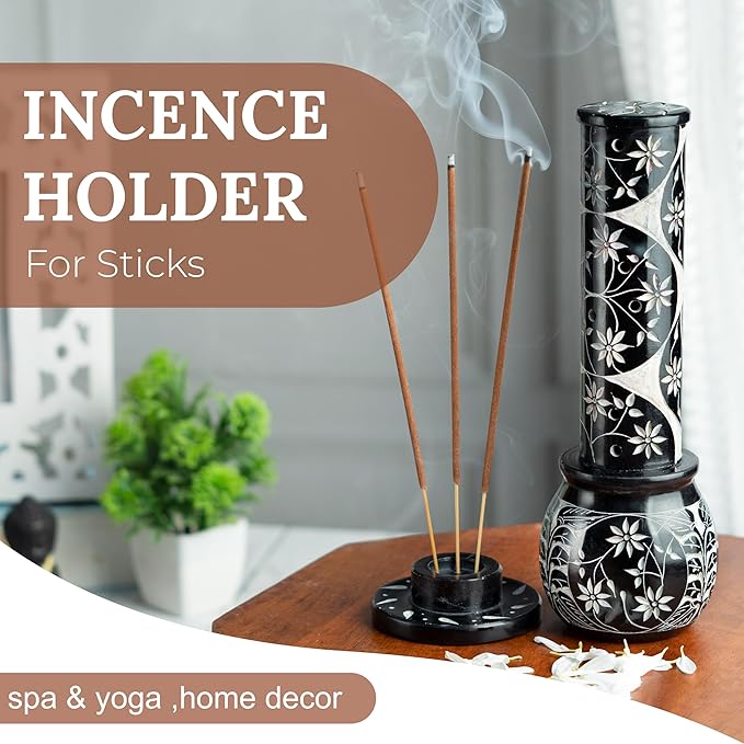 Crocon Black Marble Soapstone Incense Stick Burner Round Shape Flower & Leaf with Handi Design Tower Burner Candle Stick Holder Decorative Home & Kitchen 2.7x2.7x10 Inch
