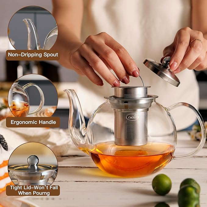 CNGLASS 600ml Glass Teapot with Removable Infuser,Clear Tea Kettle Stovetop Safe,Blooming and Loose Leaf Tea Maker - Bloomnest