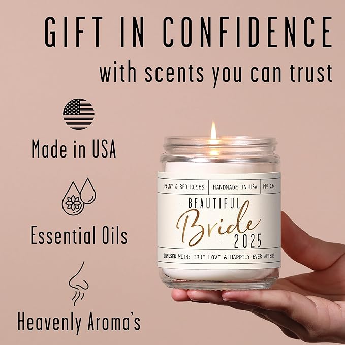 Bridal Shower Gifts, Bride Gifts for Bride to Be - 'Beautiful Bride 2025' Soy Wedding Candle, w/Peony Wedding Bouquet - infused w/Essential Oils I Bachelorette Gifts for Bride I 50Hr Burn, USA Made - Bloomnest