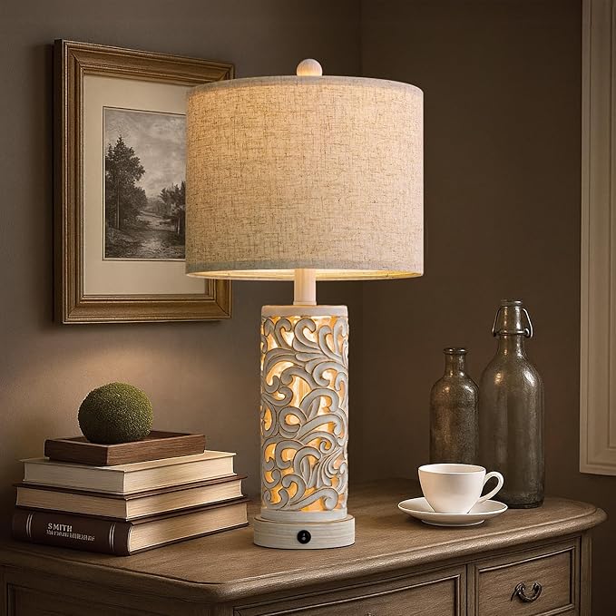OYEARS 22'' Table Lamp Set of 2 for Living Room,Farmhouse Lamp for for Bedroom,Vintage Retro Bedside Lamps with USB Ports Linen Shade for Home Office (Wash White, Bulb Included) - Bloomnest