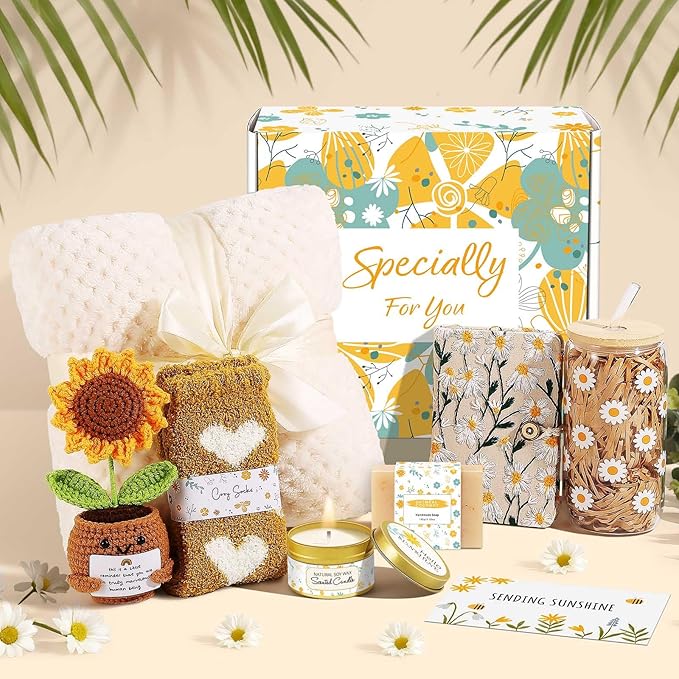 Self Care Gifts for Women Gift Baskets，Sending Sunshine Thinking of You Care Package Spa Gift Sets, Birthday Christmas Gifts for Women Best Friends Mom Sister Wife Grandma Her - Ivory