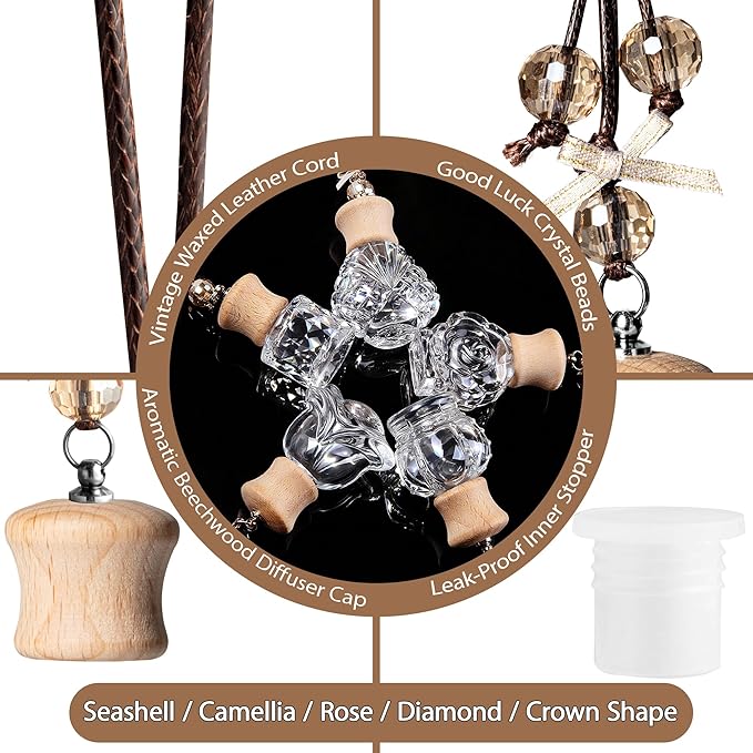 6 Pack Leak-Proof Hanging Car Diffuser - 8ml Refillable Empty Bottles with Wood Caps, 3 Funnels & 2 Droppers - Essential Oil Air Freshener for Car, Home or Office (6, Seashell) - Bloomnest