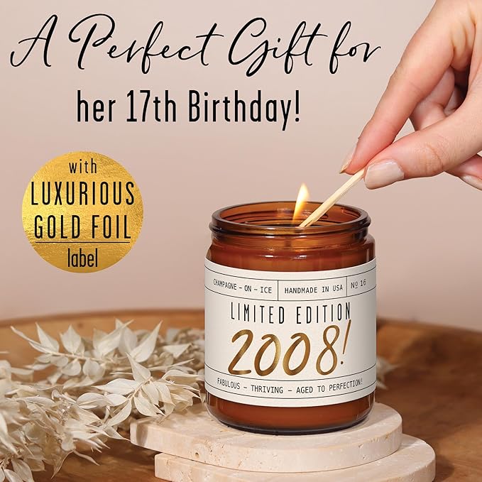 17th Birthday Gifts for Girls - 'Limited Edition 2008' Soy Candle, w/Champagne on Ice I 17 Birthday Gifts for Women I 17th Gift for Her Ideas I 9oz Reusable Jar, 50Hr Burn, Made in USA - Bloomnest