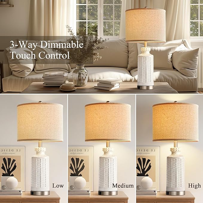 28" White Table Lamps Set of 2, Ceramic Lamps for Living Room with 2 USB Charding Ports, Modern Bedroom Lamps for Nightstand, 2 LED Bulbs Included - Bloomnest